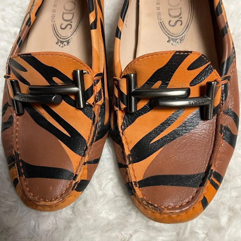 Tod’s Military print leather loafers Brown,black & orange  metal Double T SZ4.5